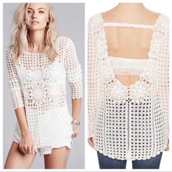Free People Filet White Crocheted Open Knit Boho Cropped Sleeve Top - Picture 1 of 14